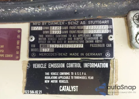 1980 Mercedes-Benz Sl 450 from USA, damaged, VIN WDB10704412062494